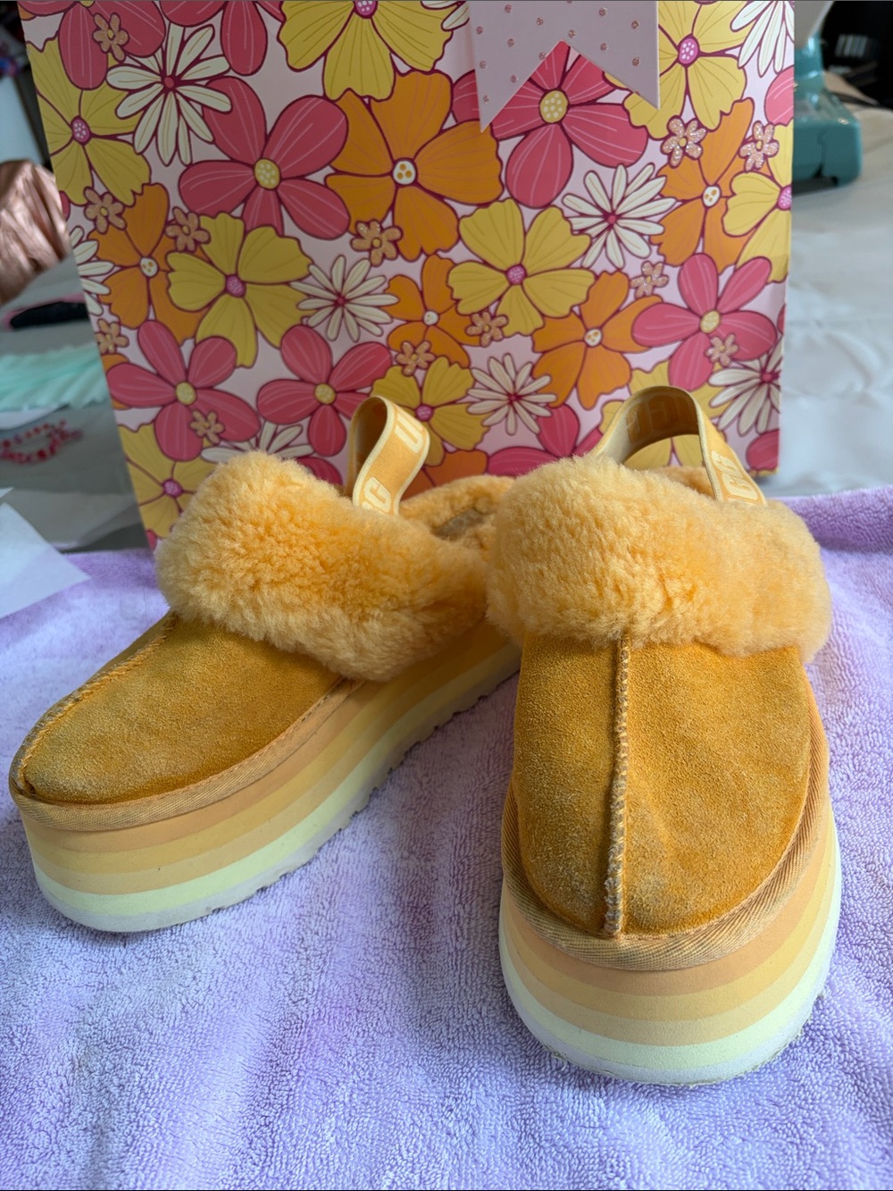 UGG Funkette Orange Yellow Shearling Platform Slip-On Slippers
